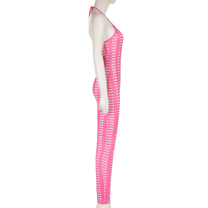 Sexy Women Clothing Barbie Pink Striped Contrast Color Deep V Plunge neck Hollow Out Cutout out Tight Braces Halter Jumpsuit Skinny Trousers