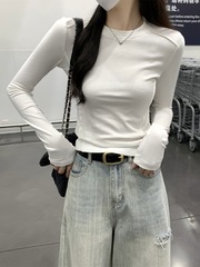 白色T恤女设计感鱼骨正肩打底衫春秋季简约基础款内搭长袖上衣潮