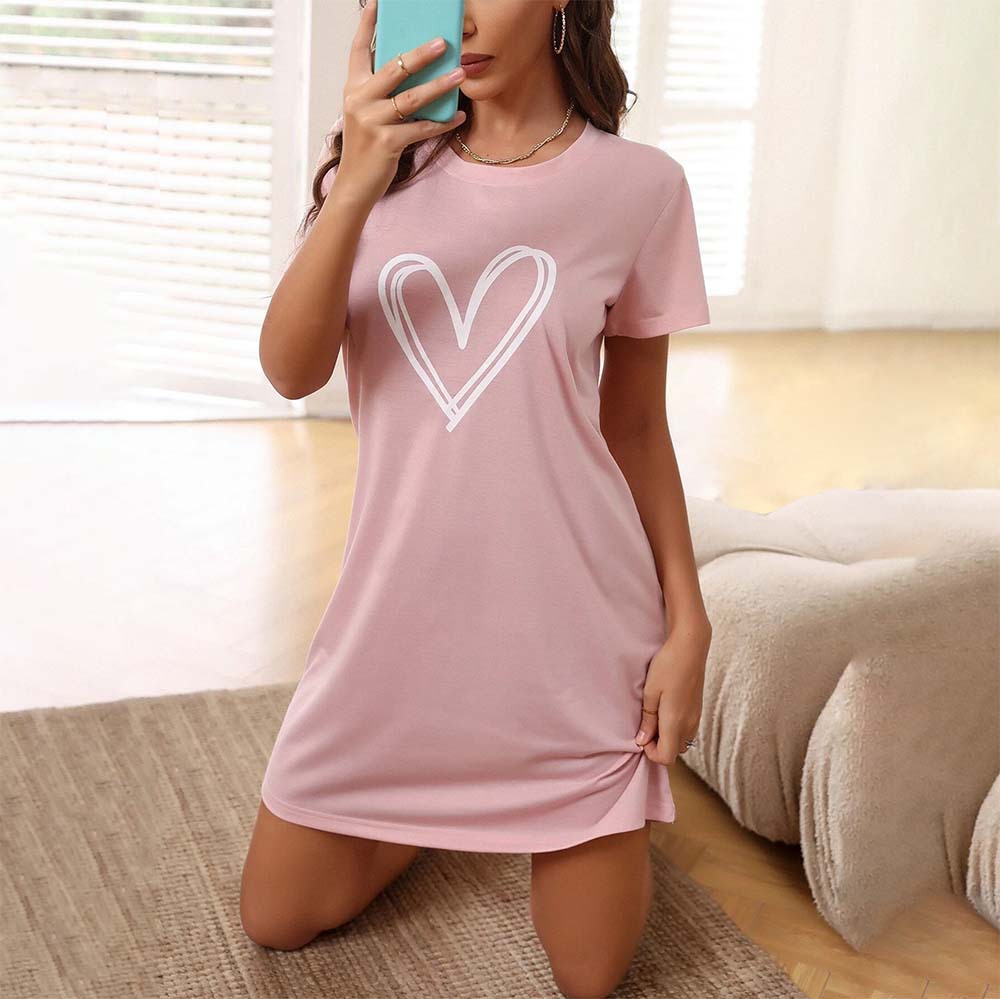 Camisón de servicio a domicilio transfronterizo europeo y americano, estampado de amor femenino, manga corta, hogar cómodo, casual, sexy, vestido casual