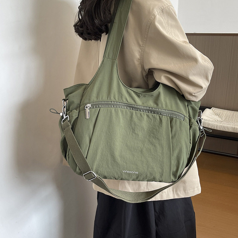 Túi tote nữ cỡ lớn chất liệu nylon nhẹ, túi đeo vai và đeo chéo tiện lợi — Khói tím, Quân đội xanh, màu be, màu nâu chi tiết 30