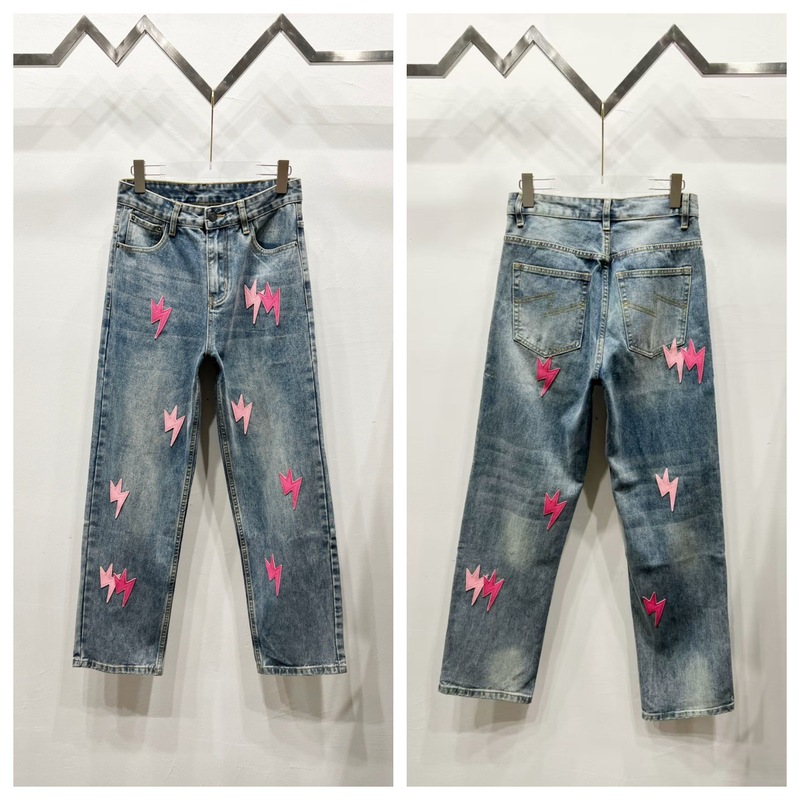 跨境正确版CH克罗牛仔裤蓝白十字架拼皮美式宽松男女同款跨境潮款|undefined