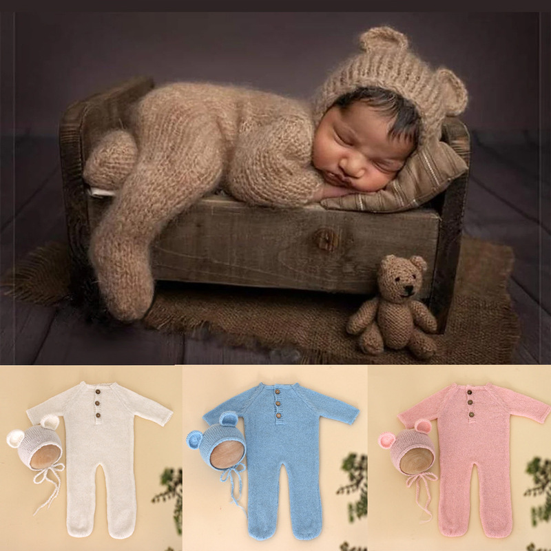 Cross-border new newborn photography clothing baby knitted mohair bear jumpsuit + Hat two-piece suit