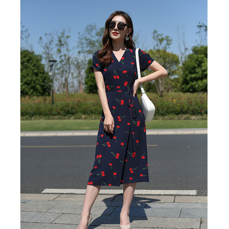 European Law Clothing Summer New Arrival Wrap Dress French Style Platycodon Grandiflorum Dress Small Cherry Printing Slim-fit Slimming dress Generation Hair