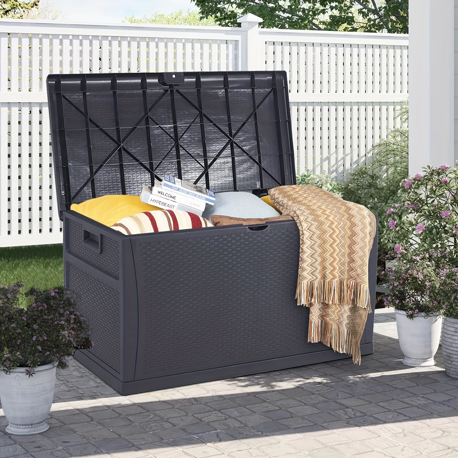 2025新款跨境代发1个120加仑长方形树脂甲板储物箱（带跨境