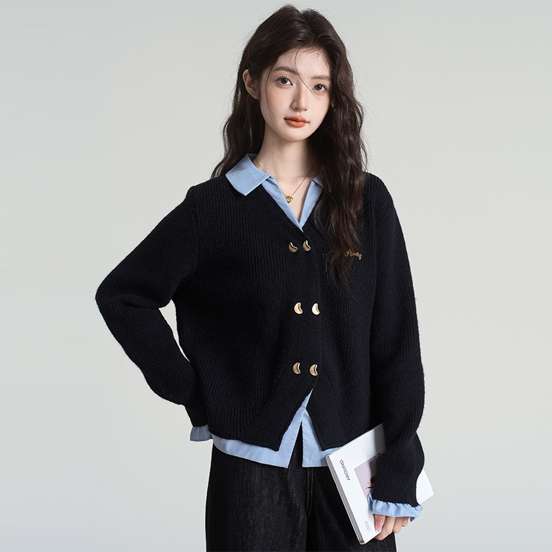 灰色假两件毛衣外套女2025春秋新款POLO领衬衫拼接针织开衫短上衣|undefined
