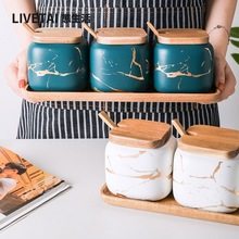 態生活大理石紋廚房罐子調料罐輕奢美式陶瓷調味罐鹽罐家用調料盒