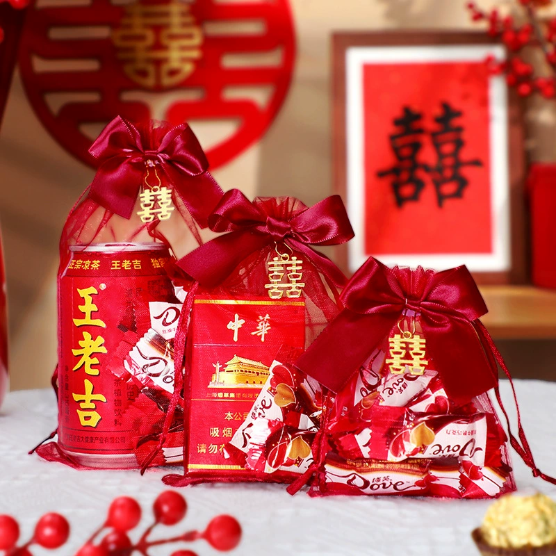 Свадебные конфеты мешок свадьба специальный мешок пряжи свадебный мешок чистый красный мешок конфет мешок сетки дыни семян арахиса конфеты мешок