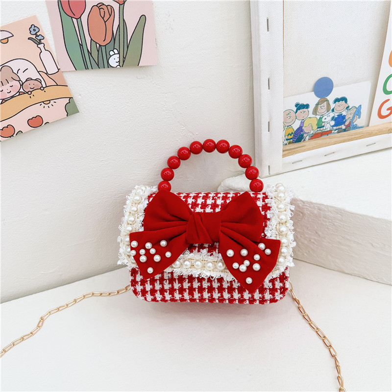 Hermosos niños de Año Nuevo bolsos de moda roja perla moda multifuncional cadenas mochila bolsos de cambio de chicas bolsos de hombro