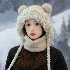 冬天帽子女彩色毛绒护耳帽韩版加厚针织帽百搭可爱围脖帽子两件套