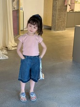 跨境款92棉女童短款时髦辣妹系带T恤儿童街头风韩版舞蹈正肩短袖