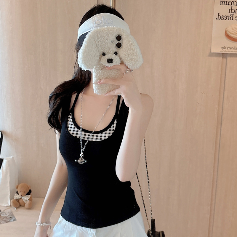 2026 New Korean Style Women's Slim-Fit Faux Two-Piece Plaid Halter Top, Black Versatile Inner Wear with Chest Pads