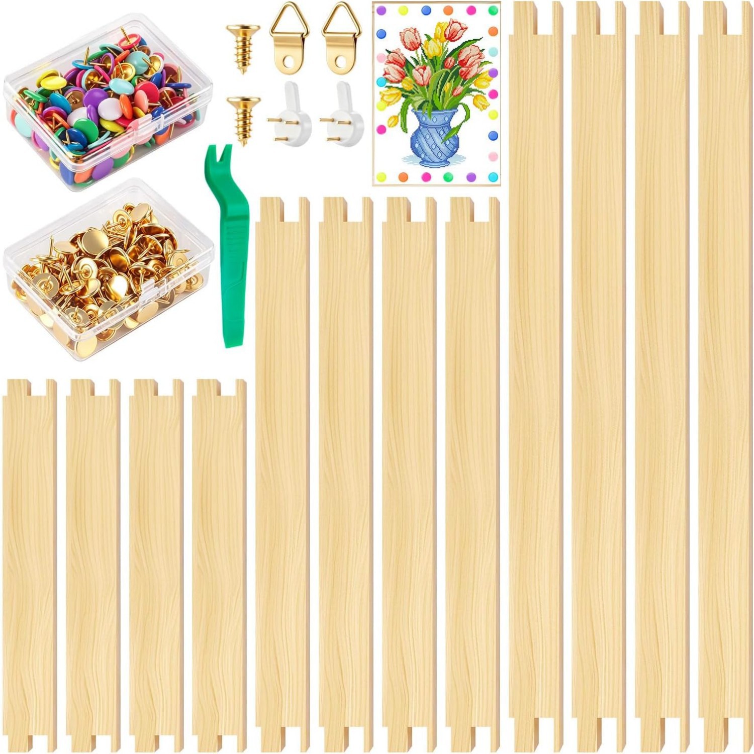 Knitted Stretch Strips, 6 Different Needle Sizes, Pushpins, Pushpin Removal Wooden Canvas Stretch Strips