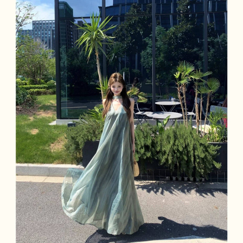 2026 New Style Lazy Style French Green Sleeveless Suspender Dress for Women Summer Seaside Vacation Fairy Long Dress 2026 New Style Lazy Style French Green Sleeveless Suspender Dress for Women Summer Seaside Vacation Fairy Long Dress