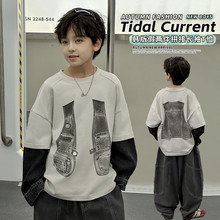 2025秋季新款中大男童牛仔拼接潮牌印花春秋季纯棉宽松休闲长T恤