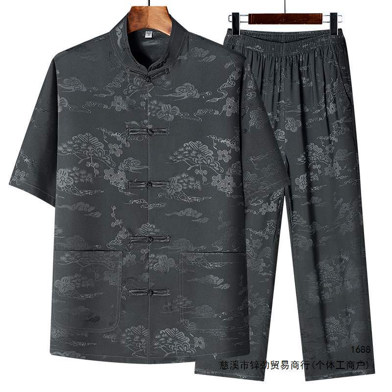 中国风男士夏季中老年人冰丝短袖衬衫套装爷爷唐装盘口宽松衣服