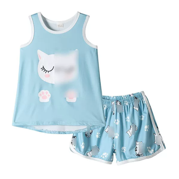 Processed and Customized Girls' Sleeveless Pajamas Set, Cute Printed Pajamas, Home Clothes, Summer Thin Home Factory