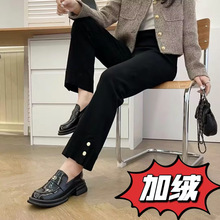 大码女装韩版时尚双扣加绒小黑裤胖妹妹修身显瘦窄版直筒裤N5108
