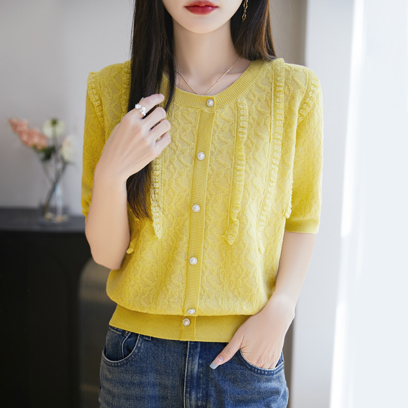 2025 Summer New Mulberry Silk Wool Crewneck Knitted Cardigan Half Sleeve Women's Lace Jacquard Top