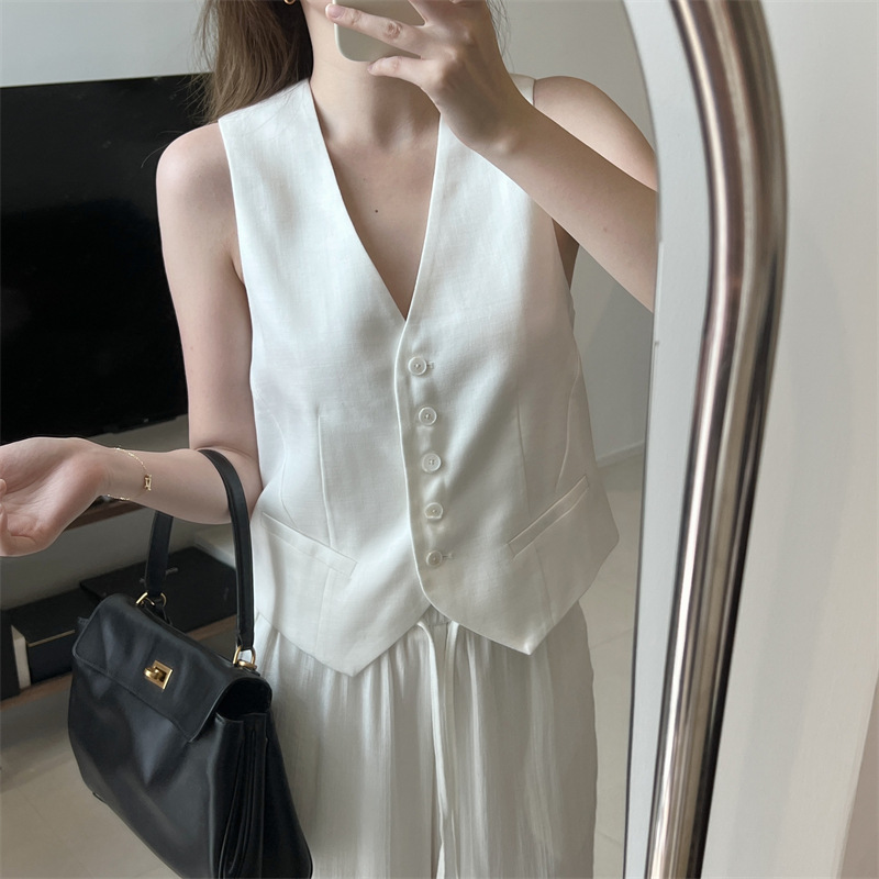 여성용 프렌치 올드 머니 스타일 짧은 정장 조끼 텐셀 린넨 v 넥 슬림 조끼 조끼 민소매 자켓