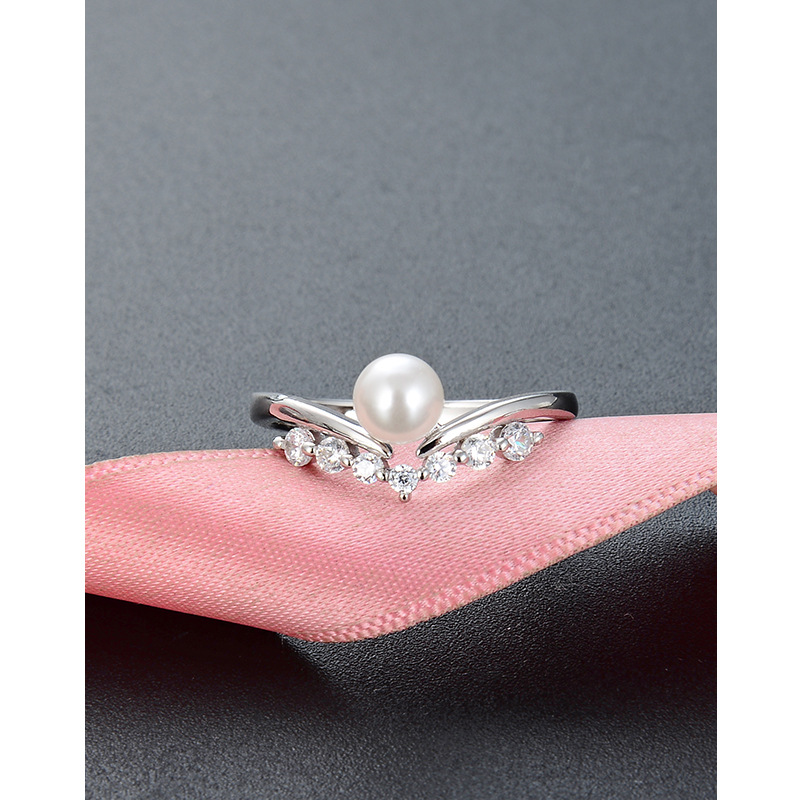 Estilo japonés y coreano Cruz-dulce elegante incrustaciones anillo de perlas hembra S925 plata esterlina de una sola fila diamante perla anillo abierto pulsera