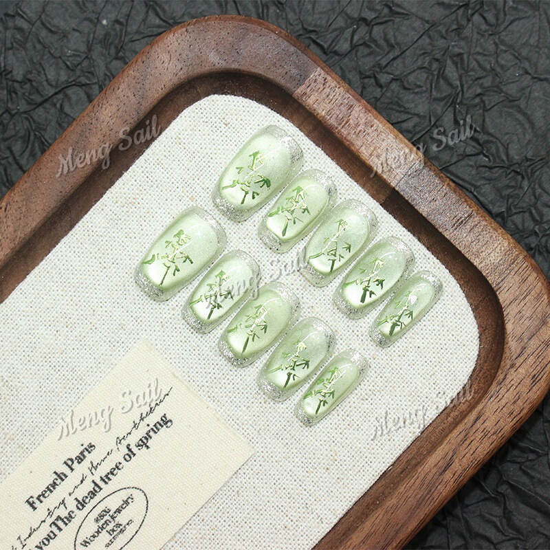【Green Bamboo Shadow】Fresh Green Bamboo Cat Eye Handmade Wearable Nails Bamboo Forest Hand-Painted Nail Pieces Removable