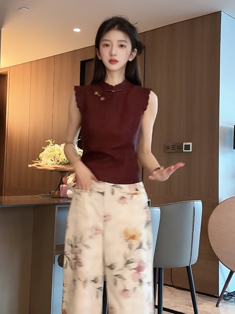 Áo vest không tay cổ đứng cài cúc lụa tơ tằm phong cách Trung Hoa mùa hè — Màu đỏ rượu