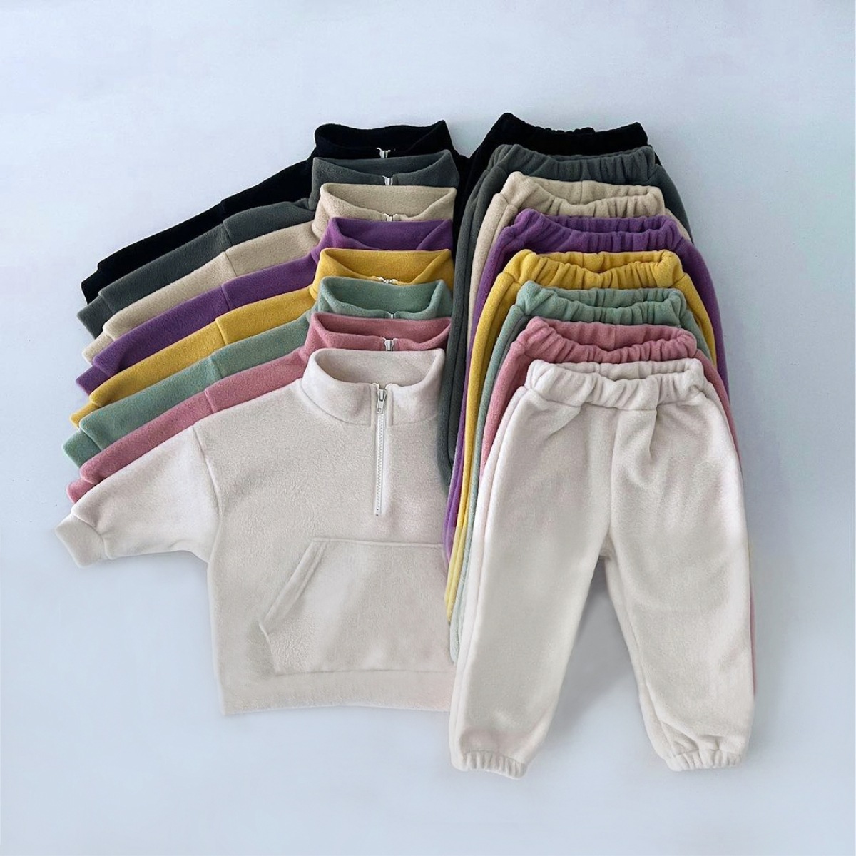 儿童秋冬款立领加绒套装男童女童双面绒绒大口袋休闲分体运动套装