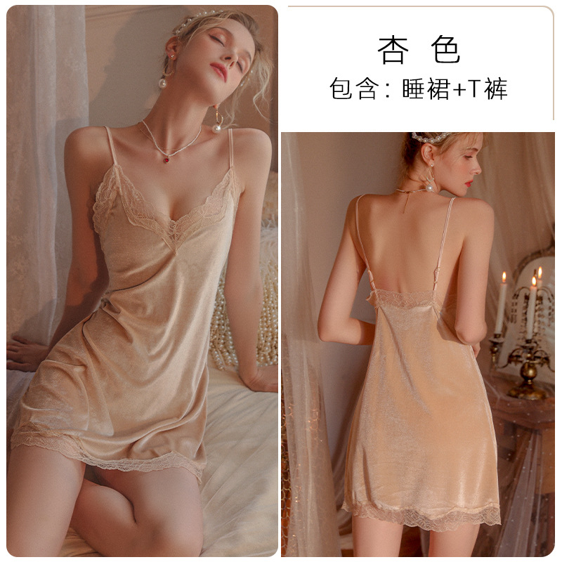 Camisón sexy de encaje Meishilan para mujer, seductor camisón de primavera y otoño, vestido corto fino de seda helada de verano 169