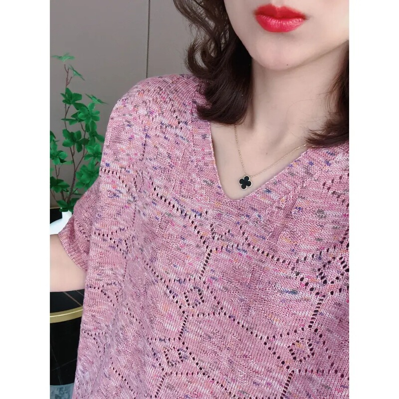 [Short-Sleeved V Neck~Colorful Cotton Thread] 2025 New Summer Women's Korean Style Loose V Neck Pullover Knitwear Short