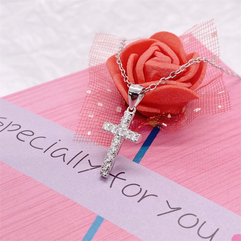 Holiday, Daily Occasion 925 Sterling Silver Zircon Cable Chain Inlay Cross Pendant Necklace