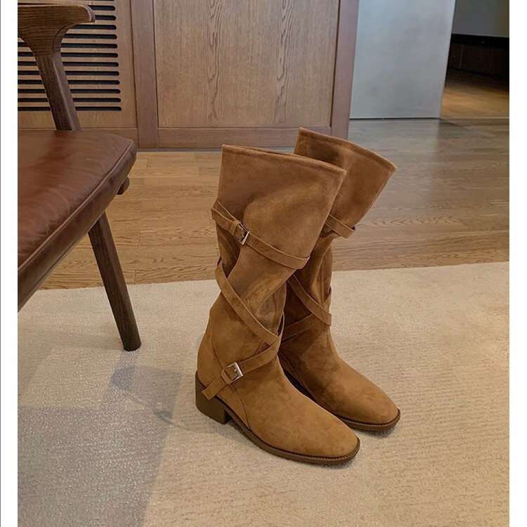 7cm Height Increase~Long-Leg Pointed Round-Toe Cross-Strap Chunky High-Heeled Riding Boots 2026 New Versatile Mid-Calf Long Boots for Women