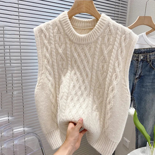 New Knit Vest, Solid Color Cable-Knit Crew Neck Short Sleeve Spring and Autumn Cardigan, Layering Loose Outerwear, No-Sleeve Sweater