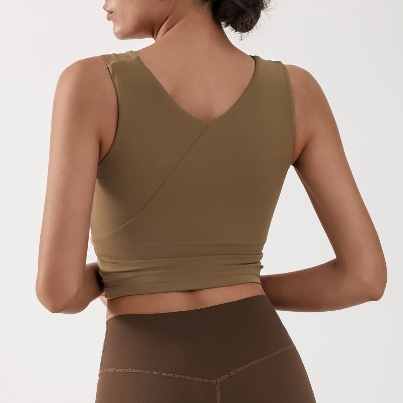 Nuevo chaleco de yoga mujer desnuda sensación de piel deportiva camisa de cintura alta ombligo envuelto pecho camisa de entrenamiento de acondicionamiento físico a prueba de choques