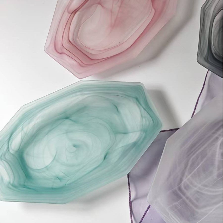 High-Looking Octagonal Plate Western Food Glass Cloud Plate Fruit Plate Art Plate Salad Green Lake Fog Pattern
