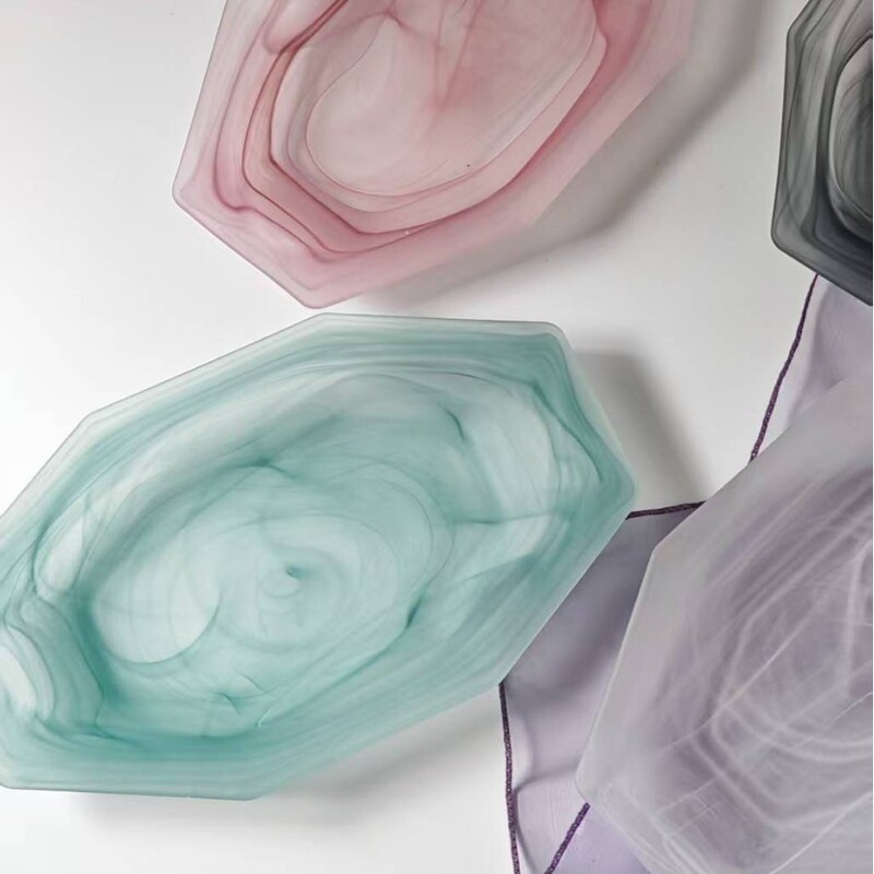 High-Looking Octagonal Plate Western Food Glass Cloud Plate Fruit Plate Art Plate Salad Green Lake Fog Pattern
