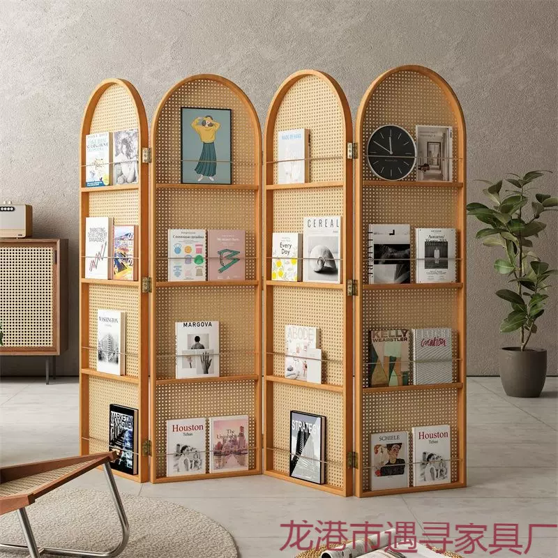 折屏藤编屏风隔断客厅实木折叠可移动小户型遮挡入户民宿杂志书架