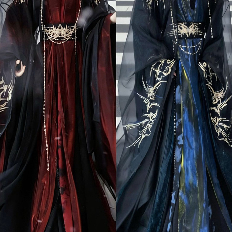 Hanfu Clothing from the Wei and Jin Dynasties, Unisex Ancient Costume, Red and Blue Martial Arts Two-Tone Fairy Tale Style, Heavily Embroidered, Traditional Style, Large Sleeve Set Hanfu Clothing from the Wei and Jin Dynasties, Unisex Ancient Costume, Red and Blue Martial Arts Two-Tone Fairy Tale Style, Heavily Embroidered, Traditional Style, Large Sleeve Set