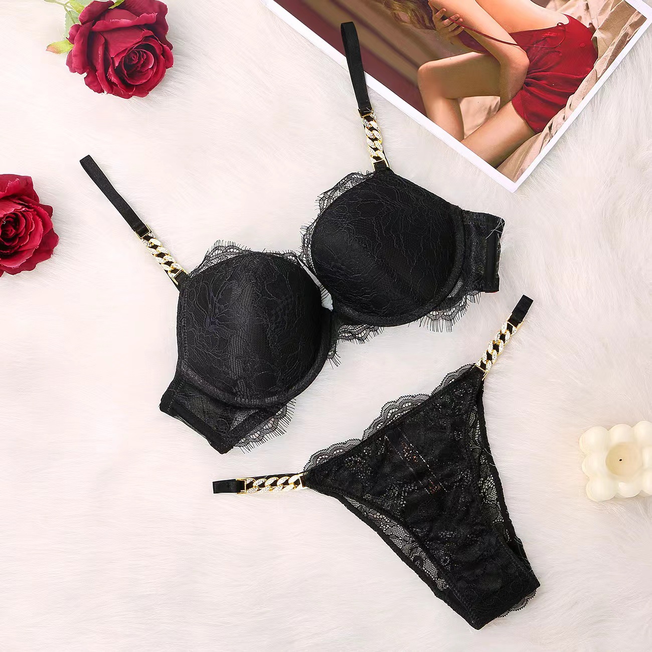 Comercio exterior estilo europeo y americano sexy push up soporte superior ropa interior de belleza las mujeres espalda delgada Correa hombro encaje cadena metal sujetador traje