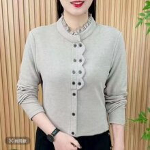 时尚双面德绒花边立领纯色打底衫春夏款洋气中年妈妈显瘦百搭上衣