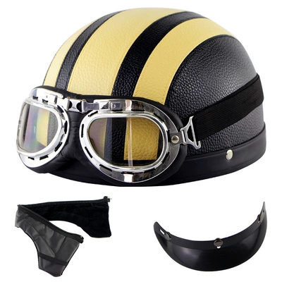 helmet riding personalized safety head protection — Motosiklet kaskı (dəbilqə) - yellow-leather-helmet-harley-goggles-detachable-scarf