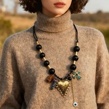 外贸设计师新款复古ins不锈钢18K吊坠项链编织树脂亚克力串珠首饰