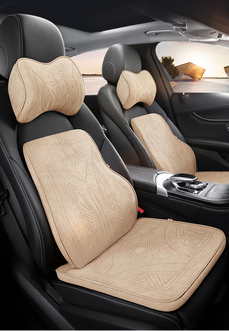 2026 New Cross-Border Hot-Selling Suede Car Seat Cushion Neck Pillow Lumbar Support Rams Breathable Memory Foam Cushion