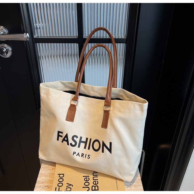 262g Weight Polyester Lining Material Open Closure Type Single Shoulder Strap Strap Type Tote Bag Bags Type Holiday, Daily Occasion Canvas Material Letter Pattern All Seasons Season Women's Gender Classic Style Style Square Shape Large Size Women's Large Canvas Letter Classic Style Square Open Tote Bag 15