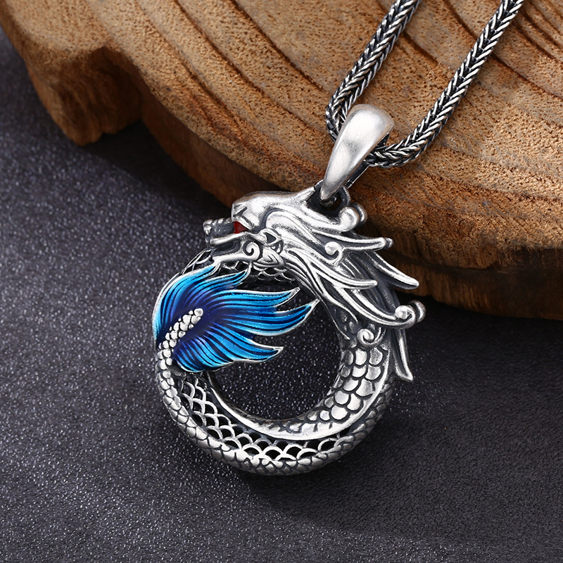 批发925纯银吊坠 个性百搭龙形圆环吊坠 泰银复古做旧潮流饰品