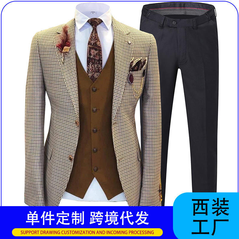 Amazon best selling plaid woolen cloth men's suit three-piece cross-border distribution suit men's and men's wedding gown