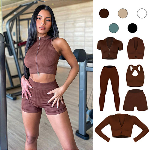  cross-border seamless knitted yoga suit long-sleeved European and American sports fitness suit hip lifting yoga pants suit for women