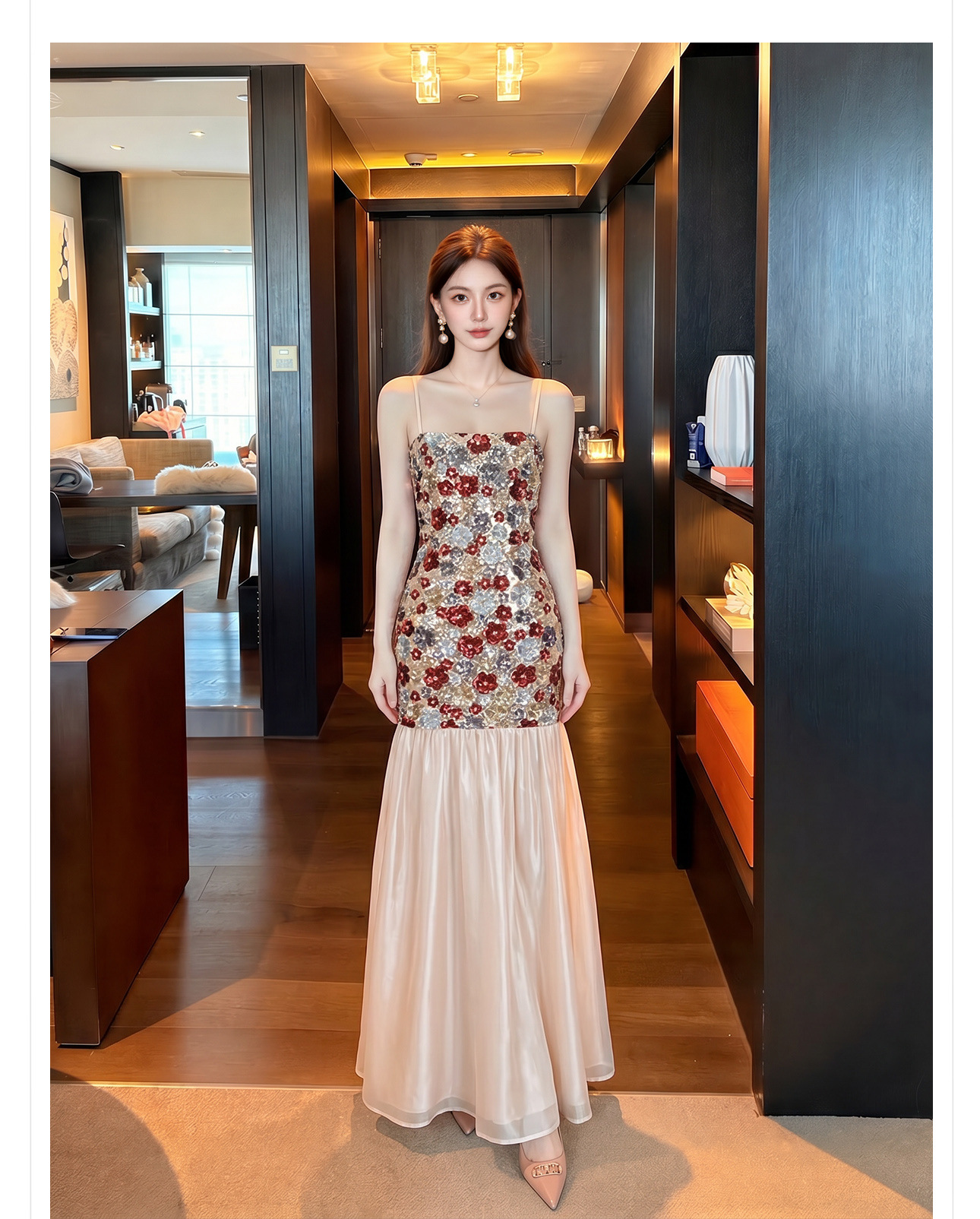 Bộ đầm dây maxi thêu ren kết hợp kim sa phong cách Tân Trung Hoa + áo khoác choàng vai — Trang chủ, bộ đồ, đầm dây chi tiết 7