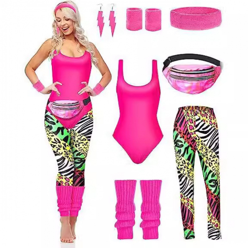80s retro aerobics full 7-piece costume set for adults, disco stage performance outfit