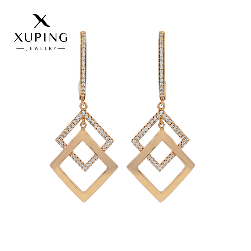 Pendientes de temperamento de circón cuadrilátero de doble capa en forma de diamante geométrico de nuevo estilo Xuping, diseño de nicho, pendientes de personalidad de moda