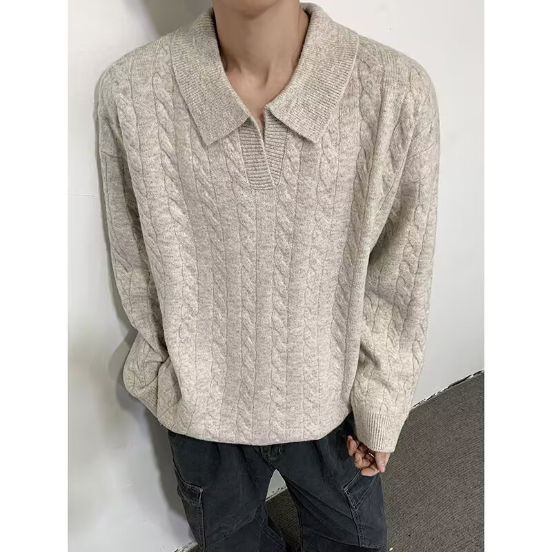2025秋冬新款老钱风提花翻领套头毛衣男女宽松针织衫日系休闲外套